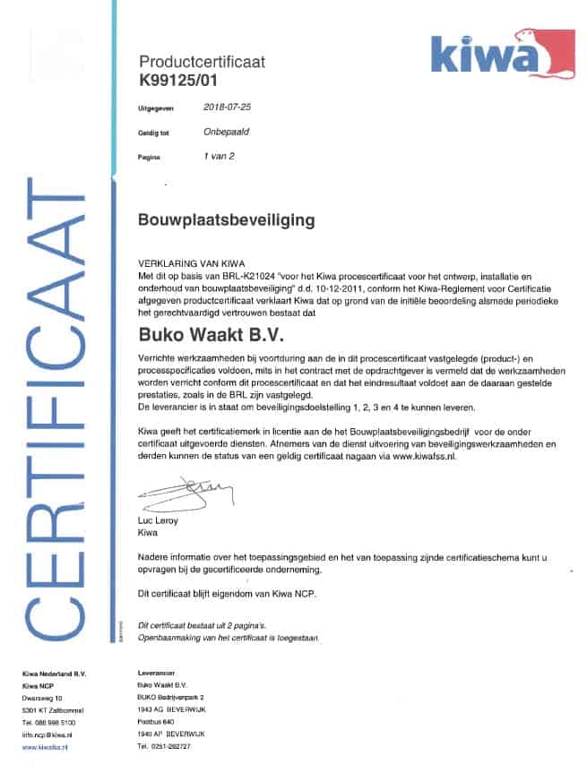 BUKO Waakt behaalt Kiwa-certificaat bouwplaatsbeveiliging